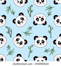 Cute panda bears and bamboo vector seamless pattern. Bear seamless pattern vector panda polar bear bamboo repeat wallpaper background cartoon face character. Blue vector background. Textile fabric.