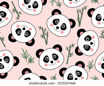 A cute panda bears and bamboo vector seamless pattern. Bear seamless pattern vector panda polar bear bamboo repeat wallpaper background cartoon face character. Pink vector background. Textile fabric.