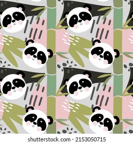 Cute panda bears and bamboo vector seamless pattern. Bear seamless pattern vector panda bamboo repeats wallpaper background cartoon character face. Abstract background. Textile fabric.