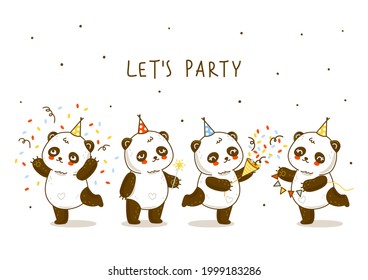 Cute panda tiene la frontera aislada en blanco - personajes de caricatura para el diseño de tarjetas de felicitación de cumpleaños