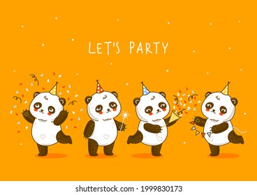 Cute panda bears border on orange background - cartoon characters for Birthday greeting card design