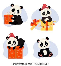 Cute panda bears. Collection of Christmas animals with gifts and boxes. Set of vector illustrations in cartoon style. For greeting cards and decor, print and kids collection. Isolated characters