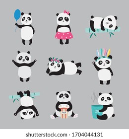 Cute panda bears in costumes playing, eating and sleeping - flat sticker pack isolated on grey background. Cartoon animals with balloon, headdress, tea cup etc - vector illustration