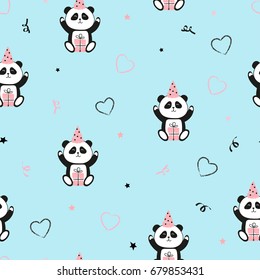 Cute panda bears with gifts seamless pattern. Vector Birthday background