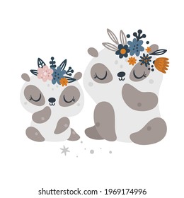 Cute panda bears. Mom and baby animal family. Baby animals clipart. Cartoon vector illustration for kids. Ideal for cards, poster, prints, anniversary, nursery clothing