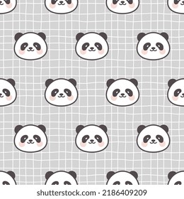 Cute panda bears on a freehand kawaii plaid with grey texture, kids seamless pattern background for boy and girl. Wrapping paper childish design, fabric and textile vector print