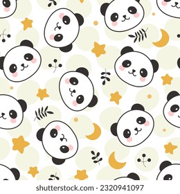 Cute panda bears on a hand drawn yellow dots texture background with orange stars and moon, stems, kids seamless pattern background for boy and girl. Wrapping paper design, fabric and textile print