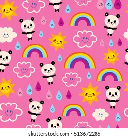 cute panda bears rain drops rainbows and clouds seamless pattern
