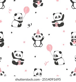 Lindos osos panda sin patrón. Ilustración de fiesta de cumpleaños de Vector