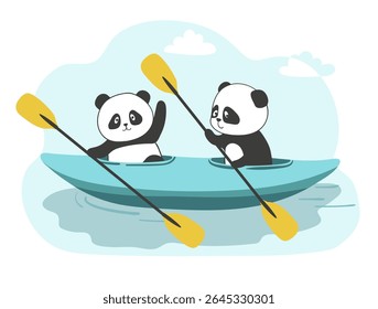 Ursos panda bonitos nadando em caiaque. Ilustração desenhada à mão do desenho animado do vetor