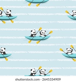 Ursos panda bonitos nadando em padrão sem costura de caiaque. Impressão infantil vetorial