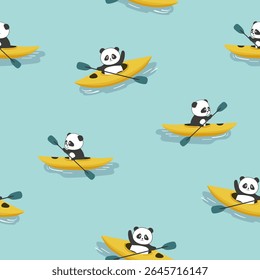 Ursos panda bonitos nadando em padrão sem costura de caiaque. Impressão de desenhos animados vetoriais
