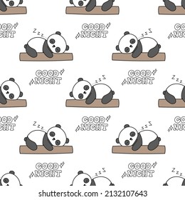 Cute panda bears vector seamless pattern, sleeping bear with good night lettering, animal pattern