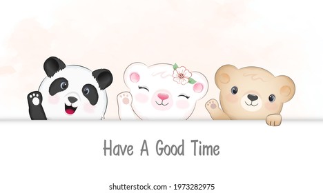 Cute panda and bears waving paw cartoon illustration