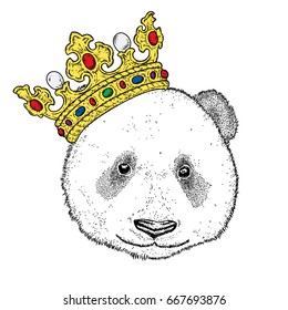 Cute panda in a beautiful golden crown. Bear. Vector illustration for a postcard or a poster, print on clothes. Fashion & Style.
