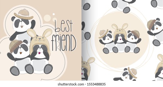 Cute Panda Best Friend with Seamless Pattern