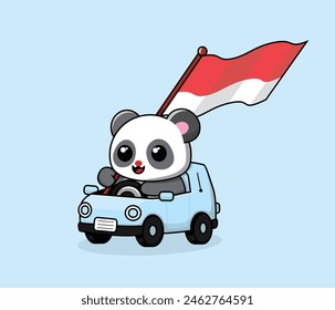 A cute panda with big eyes and a red nose is driving a simple small car and holding a fluttering Indonesian flag