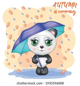 Cute panda with big eyes and an umbrella on the background of falling leaves and rain, Autumn is coming.