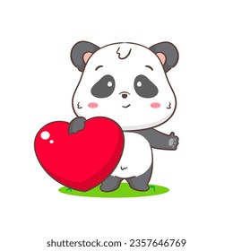 Cute panda with big love heart. Adorable kawaii animal concept design. Flat cartoon character. Isolated white background. Vector Art illustration