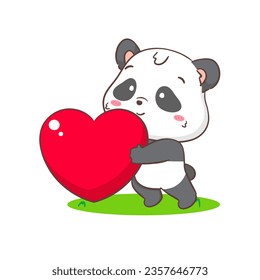 Cute panda with big love heart. Adorable kawaii animal concept design. Flat cartoon character. Isolated white background. Vector Art illustration