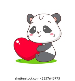 Cute panda with big love heart. Adorable kawaii animal concept design. Flat cartoon character. Isolated white background. Vector Art illustration