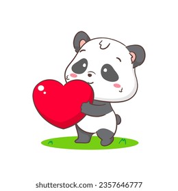 Cute panda with big love heart. Adorable kawaii animal concept design. Flat cartoon character. Isolated white background. Vector Art illustration