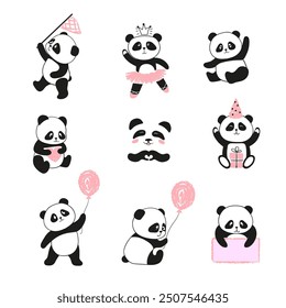 Lindo panda gran conjunto. Ilustración vectorial de pequeños osos