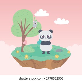 cute panda bird and owl in branch animals cartoon meadow tree and flowers nature vector illustration