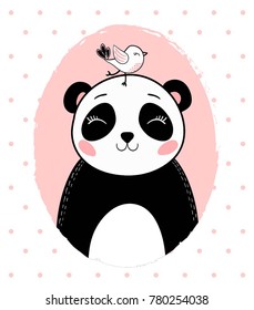 cute panda with bird vector.T shirt graphic.cartoon animal.