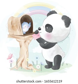 Cute panda and bird with watercolor effect