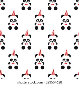 Cute panda and birthday cap seamless pattern on white background. Design for print on baby's clothes, textile, wallpaper, fabric. Vector background with smiling baby animal koala for birthday party.