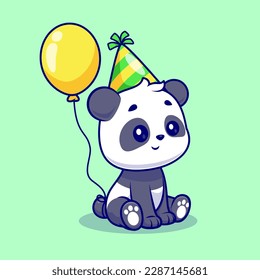 Cute Panda Birthday Party With Balloon Cartoon Vector Icon Illustration. Animal Holiday Icon Concept Isolated Premium Vector. Flat Cartoon Style