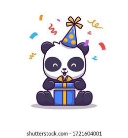 Cute Panda Birthday Vector Icon Illustration. Animal And Gift Icon Concept Isolated Premium Vector. Flat Cartoon Style 