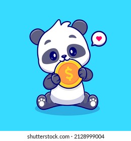 Cute Panda Bite Gold Coin Cartoon Vector Icon Illustration. Animal Finance Icon Concept Isolated Premium Vector. Flat Cartoon Style