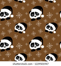 Cute Panda with black santa cap seamless pattern with white snowflakes on brown background
