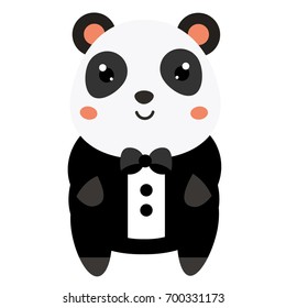 Cute panda in black tuxedo. Cartoon kawaii animal character. Vector illustration for kids and babies fashion.