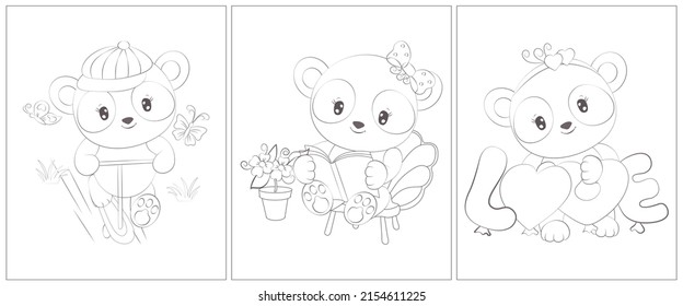 Frisch panda schwarz-weiß. Satz von 3 Seiten für ein Farbbuch. Cute-Tier-Vektorgrafik auf Schwarz-Weiß. Tierumrisse zum Färben von Seiten für Mädchen und Jungen.
