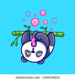 Cute Panda Blowing bubble On Bamboo Tree Cartoon Vector Icon Illustration. Animal Nature Icon Concept Isolated Premium Vector. Flat Cartoon Style