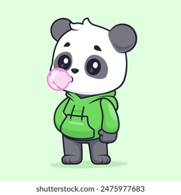 Cute Panda Blowing Gum With Hoodie Cartoon Vector Icon Illustration. Animal Fashion Icon Concept Isolated Premium Vector. Flat Cartoon Style