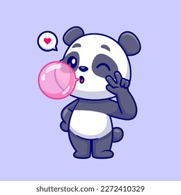 Cute Panda Blowing Gum With Peace Hand Cartoon Vector Icon Illustration. Animal Food Icon Concept Isolated Premium Vector. Flat Cartoon Style