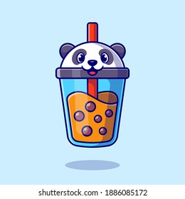 Cute Panda Boba Milk Tea Cartoon Vector Icon Illustration. Animal Drink Icon Concept Isolated Premium Vector. Flat Cartoon Style