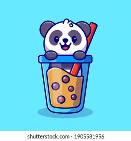 Cute Panda With Boba Milk Tea Cartoon Vector Icon Illustration Animal Drink Icon Concept Isolated Premium Vector. Flat Cartoon Style