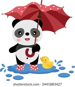 Cute panda with boots and yellow duck holding an umbrella
