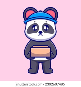 Panda lindo con ilustración de icono de caricatura de caja. concepto de diseño plano para servicio de mensajería