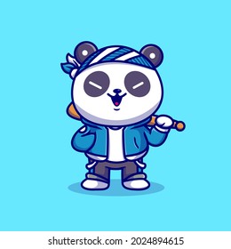 Cute Panda Boy With Baseball Bat Cartoon Vector Icon Illustration. Animal Sport Icon Concept Isolated Premium Vector. Flat Cartoon Style