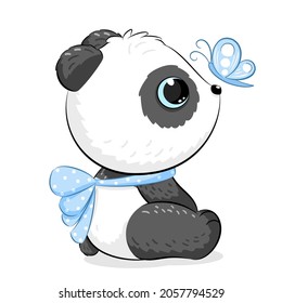 Cute panda boy with a butterfly. Vector illustration of a cartoon.