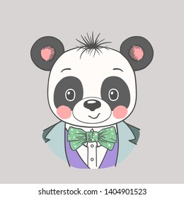 Cute panda boy face with bow tie. Hand drawn vector illustration