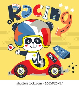 Cute Panda Boy In A Racing Suit Standing Beside A Formula Race Car On Yellow Background Illustration Vector.