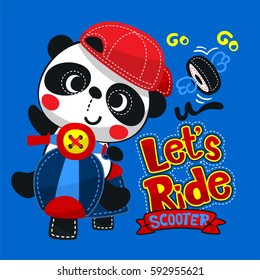 Cute panda boy wearing red hat on scooter isolated on blue background illustration vector.