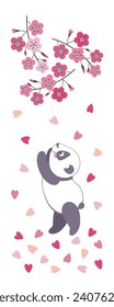 Cute panda with branches cherry blossoms. Children's greeting card with panda and sakura flowers. Minimalist style. Vector illustration.